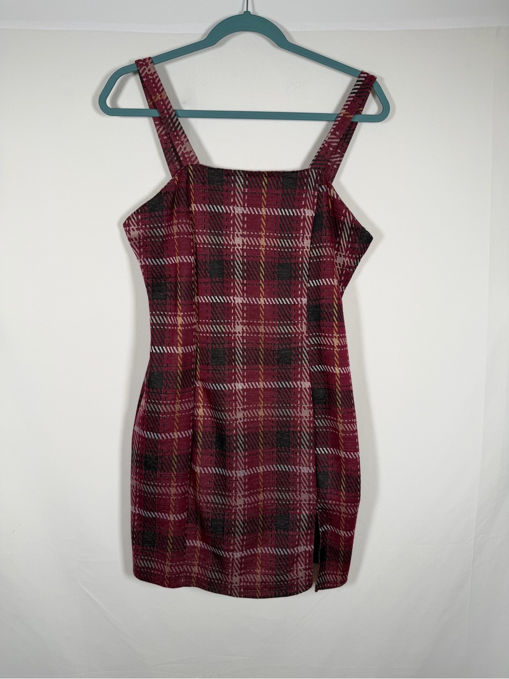 Burgundy Plaid Square-Neck Mini Dress Dark Academia, Grunge, Goth, Bodycon